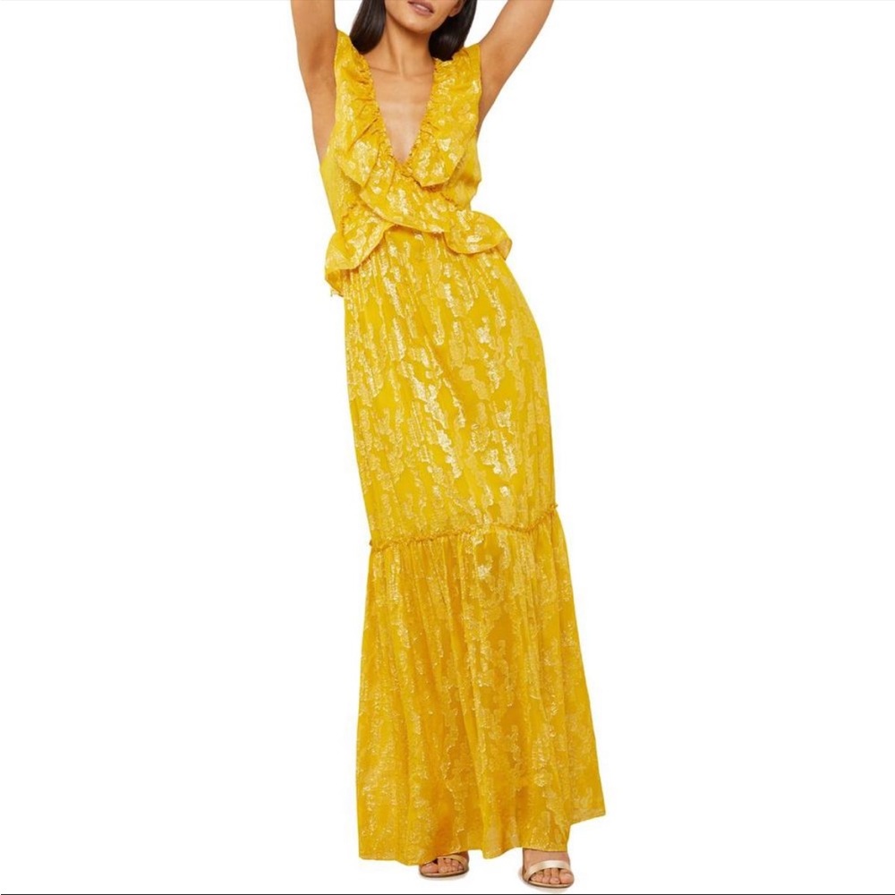 BCBGMAXAZRIA Womens Yellow Silk Blend Ruffled Sleeveless Maxi Dress